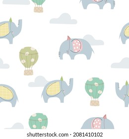 Baby seamless vector pattern. Cute baloons and elephants on white background. Creative scandinavian kids texture for fabric, wrapping, textile, wallpaper, apparel. Vector illustration.
