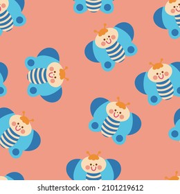 Baby seamless vector pattern. Cute, colored cartoon butterfly on pink background. Kids illustration for fabric, textile, clothing, wrapping paper, wallpaper. Vector illustration in trendy colors.
