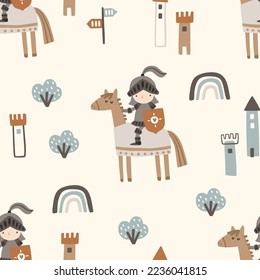 Baby seamless vector pattern. Cute knights and castles on milk background. Turquoise, beige and gray.