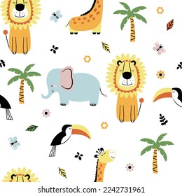 Baby nahtlose Vektorgrafik. Cute Giraffe, Elefant, Löwe, Toucan, Palme, Blume auf weißem Hintergrund. Kreative Kindertextur für Gewebe, Textilien, Tapeten, Bekleidung. 