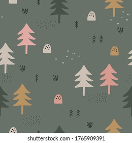 Baby seamless vector pattern: Forest. Cute trees on green background. Creative scandinavian kids texture for fabric, textile, wallpaper, apparel. Vector illustration in pastel colours.