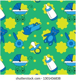 Baby seamless vector pattern for little boys with toys on green background