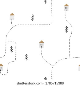 Baby seamless vector pattern. Little houses in the forest. Creative scandinavian kids pattern for fabric, textile, wallpaper, apparel. Vector illustration in red and gray colours.
