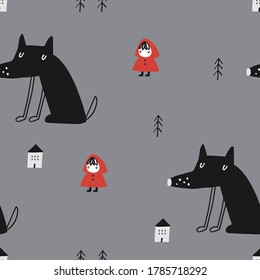 Baby seamless vector pattern. Little Red Riding Hood and Big Bad Wolf. Creative scandinavian kids pattern for fabric, textile, wallpaper, apparel. Vector illustration in red and gray colours.