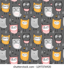 Baby seamless vector pattern. Many little owls on gray background. Pink, gray and yellow colors.