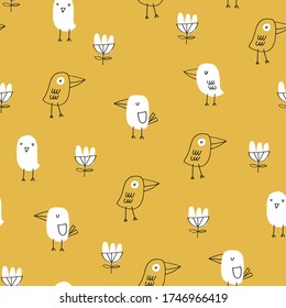 Baby seamless vector pattern. Many little birds on yeloow background. Creative scandinavian kids texture for fabric, textile, wallpaper, apparel. Vector illustration in yellow and gray. 