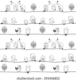 Baby seamless vector pattern. Many little birds on white background. Black and white picture. 