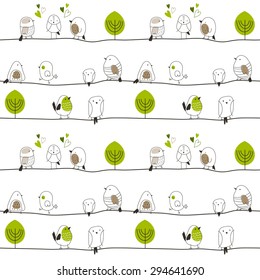 Baby seamless vector pattern. Many little birds on white background. Green and beige colors.