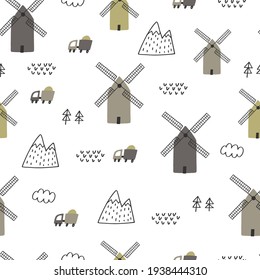 Baby seamless vector pattern with mills. Creative scandinavian kids background for fabric, textile, wallpaper, apparel. Vector illustration in green and broun colours.