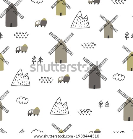 Baby seamless vector pattern with mills. Creative scandinavian kids background for fabric, textile, wallpaper, apparel. Vector illustration in green and broun colours.