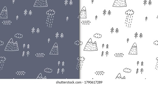 Patrón de vector sin costura para bebé. Montañas, bosques y nubes. Patrón creativo de niños escandinavos para tela, textil, papel pintado, vestimenta. Ilustración vectorial en colores azules.