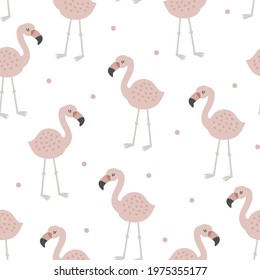 Baby seamless vector pattern. Pink flamingos on white background. Creative scandinavian kids texture for fabric, textile, wallpaper, apparel. Vector illustration in pink and white. 