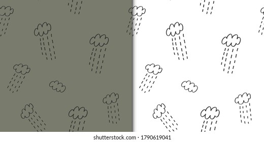 Patrón de vector sin costura para bebé. Lluvia y nubes. Patrón creativo de niños escandinavos para tela, textil, papel pintado, vestimenta. Ilustración vectorial en colores caqui.