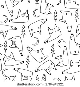 Baby seamless vector pattern. Wild wolves. Creative scandinavian kids pattern for fabric, textile, wallpaper, apparel. Vector illustration in black and white colours.