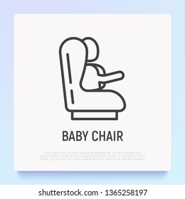 Baby seat for car: child is fastened by seat belts. Thin line icon. Modern vector illustration.
