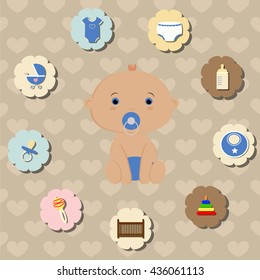 baby set of accessories for the care of a newborn . For boy.  Template elements for decoration or greetings. Baby shower or arrival. Baby vector illustration