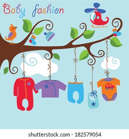 Baby set.New born baby boy Colorful clothes hanging on tree branches. Baby fashion.Slip,body,jacket,hats,socks,bib for boys.Funny vector Illustration background.Summer and spring poster