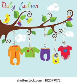 Baby set.New born baby Colorful clothes hanging on tree branches. Baby fashion.Slip,body,jacket,hats,socks,bib for boys and girls.Funny vector Illustration background.Summer and spring poster
