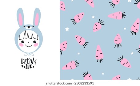 Baby set. Cute baby face in hat with rabbit design and seamless pattern with carrot in vector. Perfect for kids bedding, fabric, wallpaper, wrapping paper or textile.