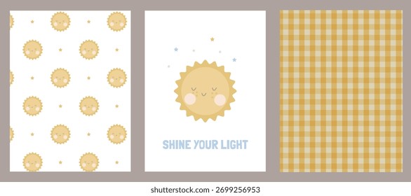 Conjunto de bebê com padrões bonitos e um cartaz com um sol bonito para o quarto de uma criança