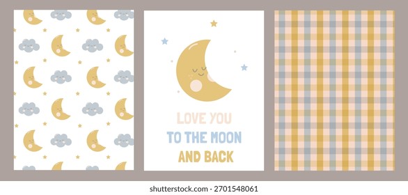 Conjunto de bebé con patrones lindos y un cartel con una linda luna para la habitación de un niño