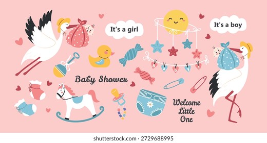 Baby set with cute storks and babies boy and girl, baby supplies set and infographic. Vector illustration for newborns.