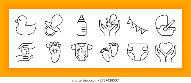 Baby set icon. Duck, pacifier, bottle, foot, onesie, diaper, heart, hand, stroller, toy, safety, child, care, love, clothing, parenting