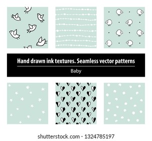 Baby. Set of seamless patterns. Hand drawing ink textures