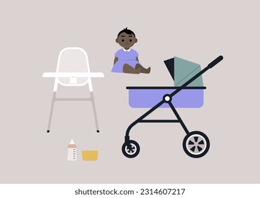 Un juego para bebés, un cochecito, una silla de cocina, un juego de botellas y cuencas