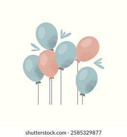 Baby set of toys, balloons, baby clothes, footprints, pacifier, teddy bear, giraffe, stacking rings, baby bottle decorative elements in pastel colors. Flat vector illustration isolated on background