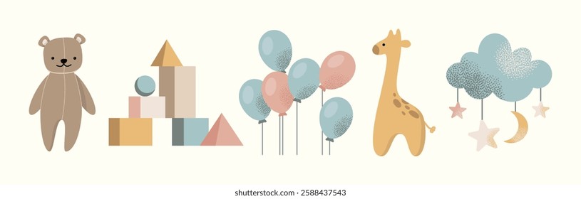 Baby set of toys, balloons, baby clothes, footprints, pacifier, teddy bear, giraffe, stacking rings, baby bottle decorative elements in pastel colors. Flat vector illustration isolated on background