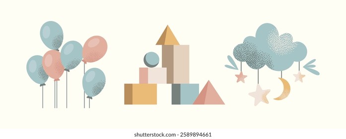 Baby set of toys, balloons, baby clothes, footprints, pacifier, teddy bear, giraffe, stacking rings, baby bottle decorative elements in pastel colors. Flat vector illustration isolated on background