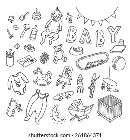  Baby set. Vector doodle collection of hand drawn icons for baby shower. Isolated