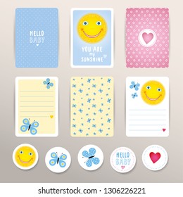 Baby set vector graphics collection. Happy illustrated templates for badges, stickers, notebooks, diaries, photobooks and so. For kids and children related projects.