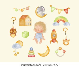 
Baby set watercolor, vintage children's toys watercolor. Isolate, clipart. Vector image.