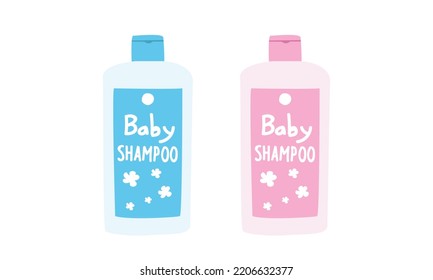 Baby shampoo bottle clipart. Simple cute blue and pink bottles of baby shampoo, shower gel, lotion, body milk package flat vector illustration. Plastic bottles of baby cosmetic products cartoon style