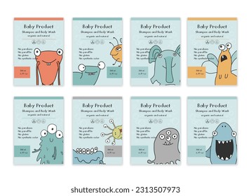 Baby Shampoo package label designs with cute monsters. vector illustration