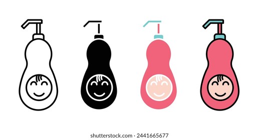 Conjunto de ilustración vectorial de champú para bebé. Icono de botella de loción corporal. Símbolo de botella de gel de lavado a mano para diseños de UI.