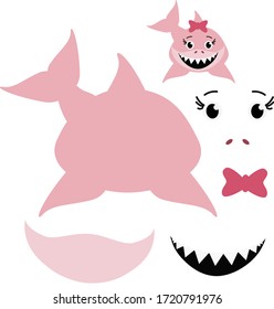 BABY SHARK APPLIQUE VECTOR ILLUSTRATION. Paper game for the development of preschool children. Cut out parts of the image and paste them on paper. Shark. Vector illustration