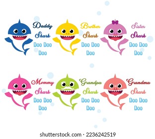 Baby shark birthday card. Cartoon sharks characters