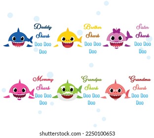 Baby shark birthday card. Cartoon sharks characters. Baby Shark Icons Vector