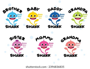 Baby shark birthday card. Cartoon sharks characters. Baby Shark Icons	