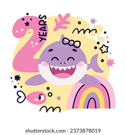 Baby Shark Birthday cute vector marine colorful illustration with number two, fish, wave, algae, star, bubble, rainbow for girl. Ideal for kids cards, prints, anniversary, invitation