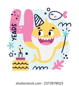 Baby Shark Geburtstag süße Vektorgrafik marinen bunte Illustration mit Nummer vier, Fisch, Wellen, Algen, Stern, Blase, Kuchen für Mädchen. Ideal für Kinderkarten, Drucke, Jubiläum, Einladung