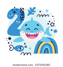 Baby Shark Birthday cute vector marine colorful illustration with number two, fish, wave, algae, star, bubble, rainbow for boy. Ideal for kids cards, prints, anniversary, invitation