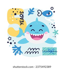 Baby Shark Birthday süße Vektorgrafik marinen bunten Illustration mit Nummer fünf, Fisch, Welle, Algen, Stern, Blase, Geschenkbox für Junge. Ideal für Kinderkarten, Drucke, Jubiläum, Einladung