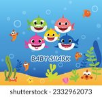 Baby shark birthday greeting card template. Shark cards. Birthday invite, happy child party in ocean style