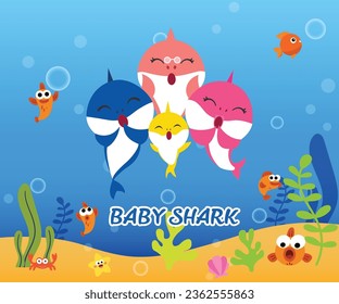 Baby shark birthday greeting card template. Shark cards. Birthday invite, happy child party in ocean style.