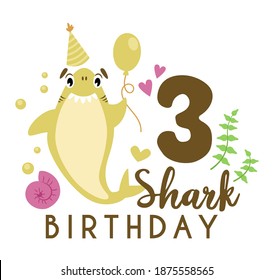 Baby Shark birthday party clipart - cartoon baby birthday composition, vector nursery cute nautical or undersea animal illustration on white background for card, invitation, t-shirt desing