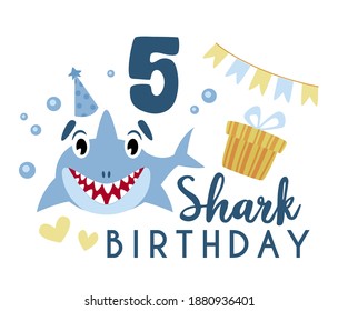 Baby Shark birthday party clipart - cartoon baby birthday composition, vector nursery cute nautical or undersea animal illustration on white background for card, invitation, t-shirt desing